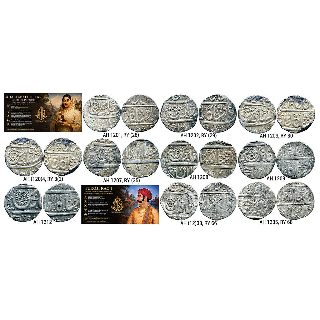 IPS Indore State Set of 10 Coins Ahalyabai Holkar Tukoji Rao I INO Shah Alam II Malharnagar Mint Silver Rupee