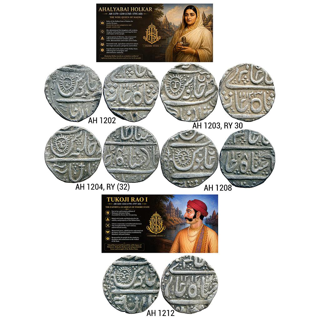 IPS Indore State Set of 5 Coins Ahalyabai Holkar INO Shah Alam II Tukoji Rao I Malharnagar Mint Silver Rupee