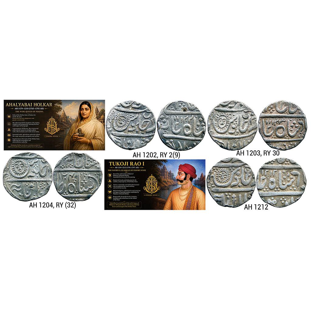 IPS Indore State Set of 4 Coins Ahalyabai Holkar INO Shah Alam II Tukoji Rao I Malharnagar Mint Silver Rupee
