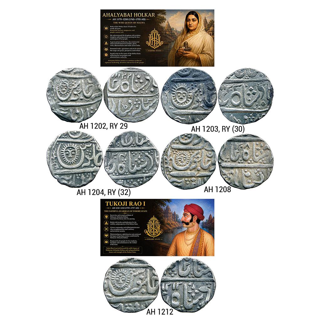 IPS Indore State Set of 5 Coins Ahalyabai Holkar INO Shah Alam II Tukoji Rao I Malharnagar Mint Silver Rupee