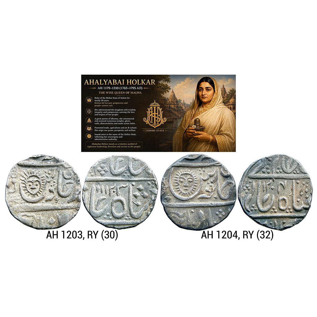 IPS Indore State Set of 2 Coins Ahalyabai Holkar INO Shah Alam II Malharnagar Mint Silver Rupee