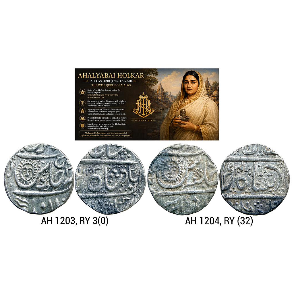 IPS Indore State Set of 2 Coins Ahalyabai Holkar INO Shah Alam II Malharnagar Mint Silver Rupee