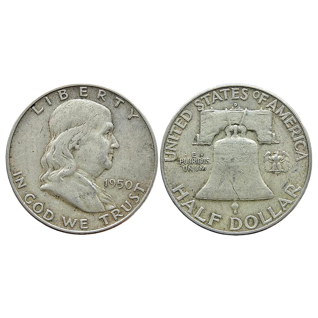 United States Federal republic 1950 AD Franklin Half Dollar Denver Mint Silver (.900) 1/2 Dollar = 50 Cents