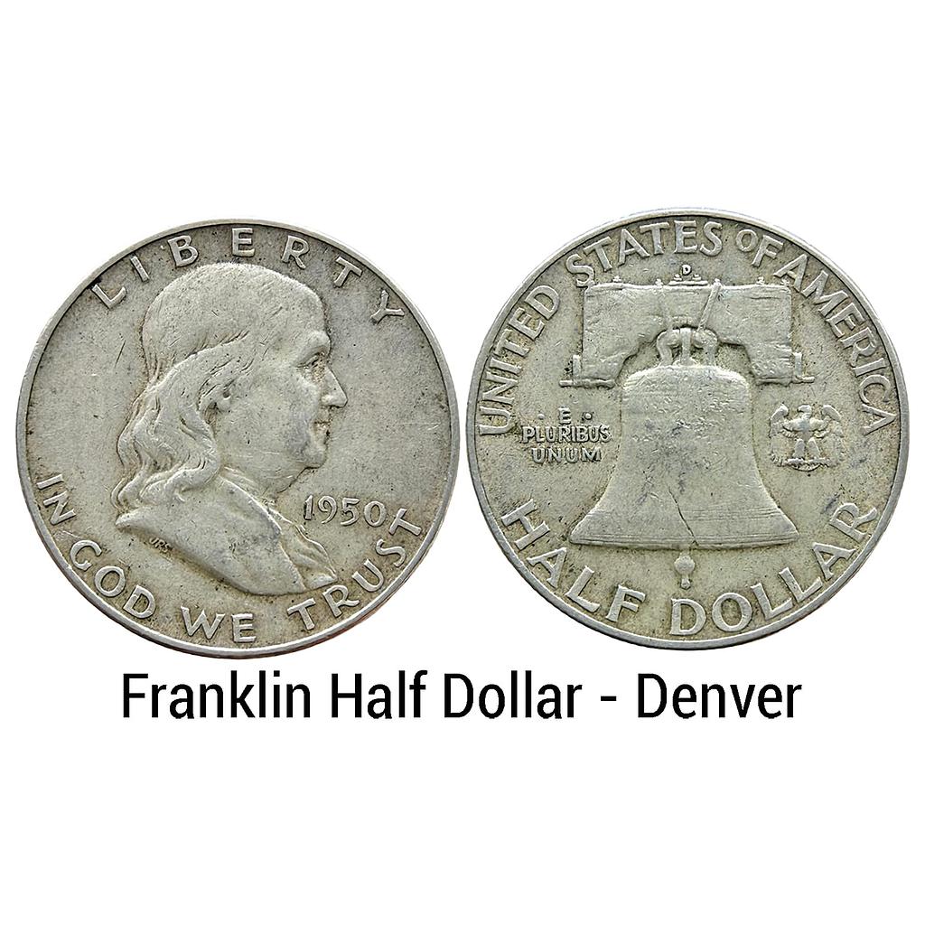 United States Federal republic 1950 AD Franklin Half Dollar Denver Mint Silver (.900) 1/2 Dollar = 50 Cents
