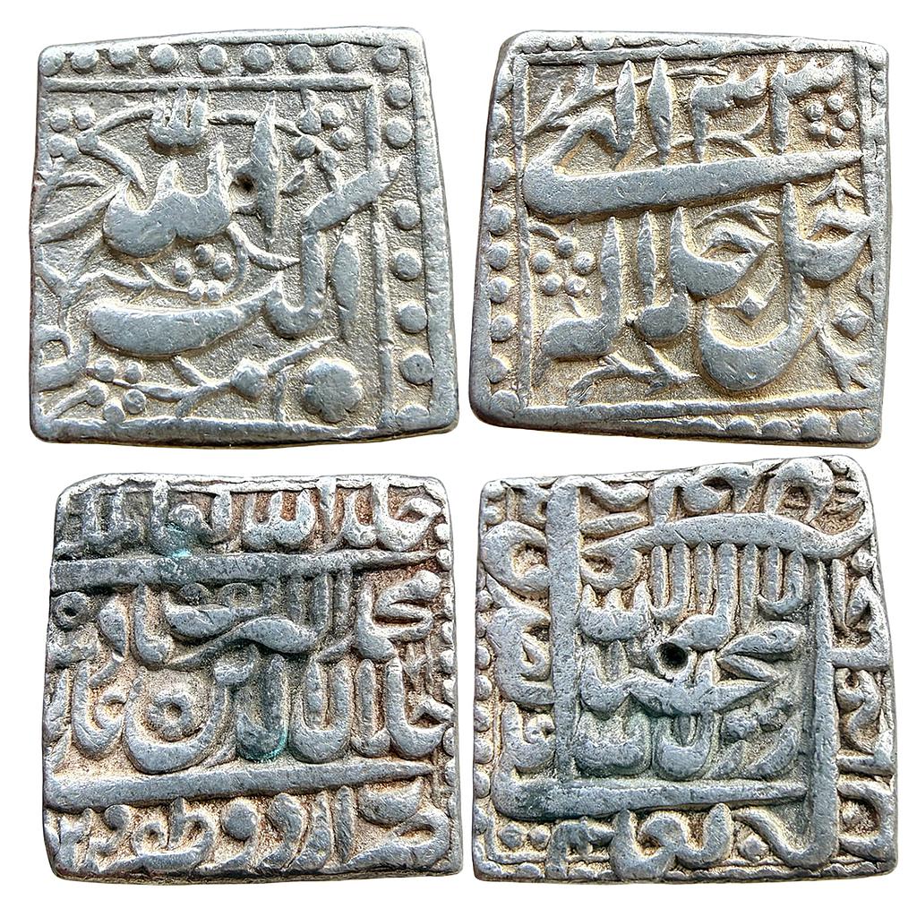 Mughal Akbar Mintless &amp; Monthless Type Jalla Jalalahu Urdu Zafar Qarin Mint Set of 2 Coins Silver Square Rupee