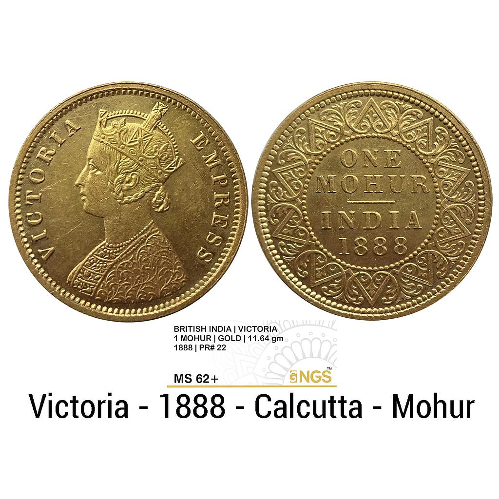 British India Victoria Empress 1888 AD Calcutta Mint obv V in relief Gold Mohur NGS  India Graded as MS 62+
