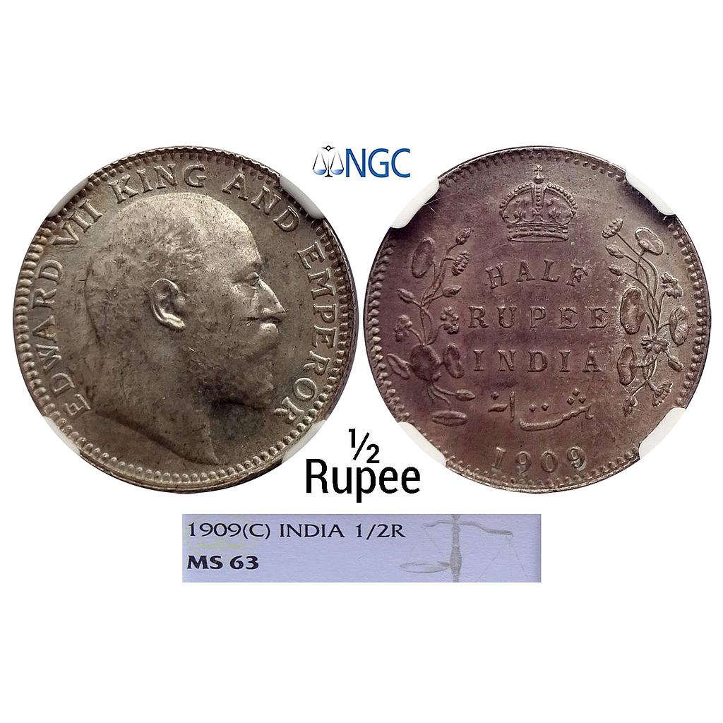 British India Edward VII 1909 AD Calcutta Mint Silver 1/2 Rupee