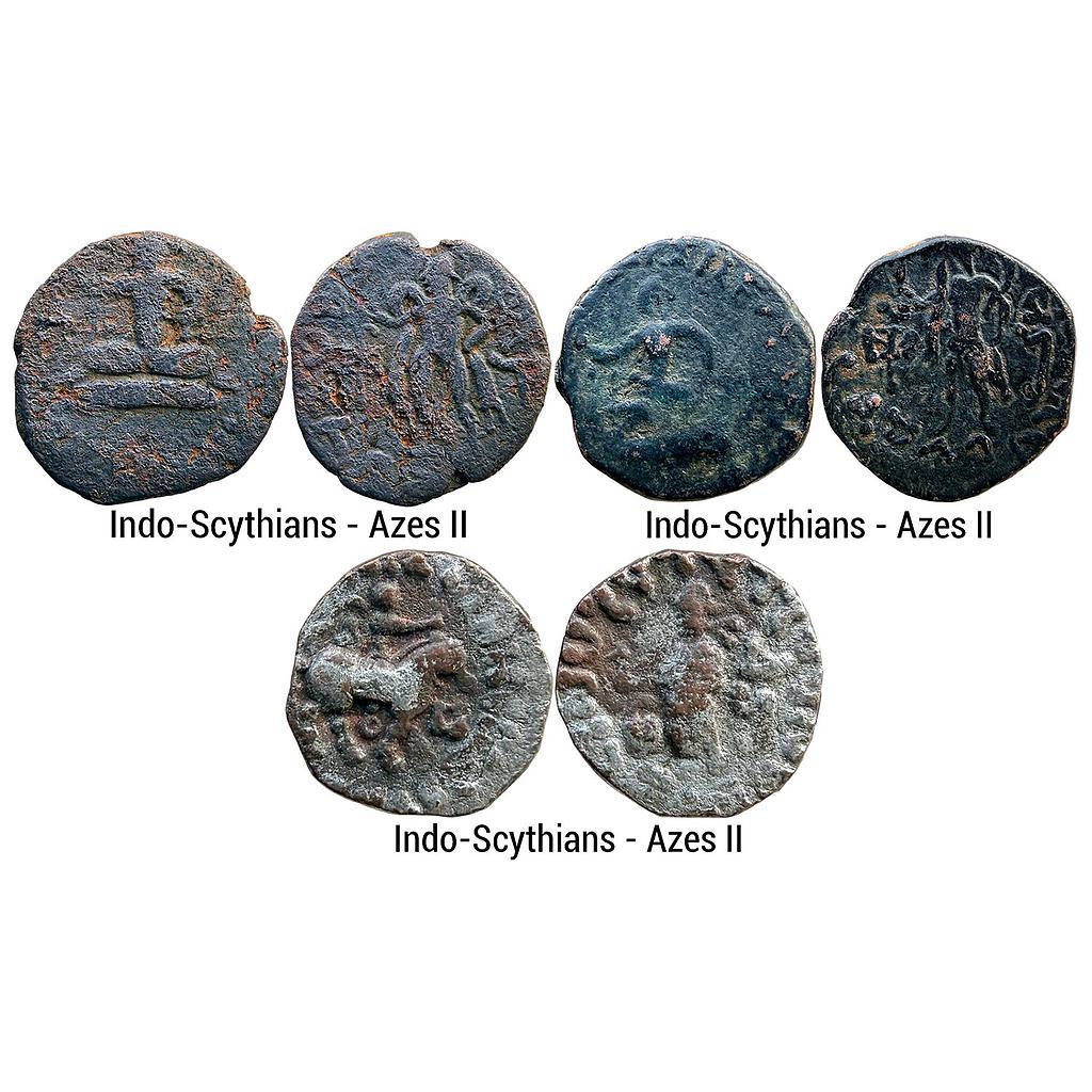 Ancient Indo-Scythians Azes II Set of 3 Coins Bronze Unit Silver Washed Copper Drachm