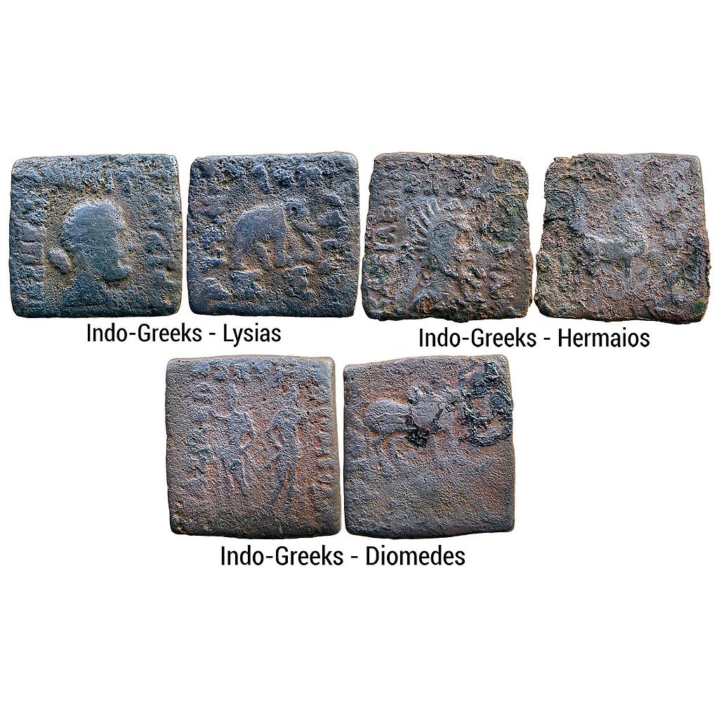 Ancient Indo-Greeks Lysias Hermaios Diomedes Set of 3 Coins Bronze Quadruple