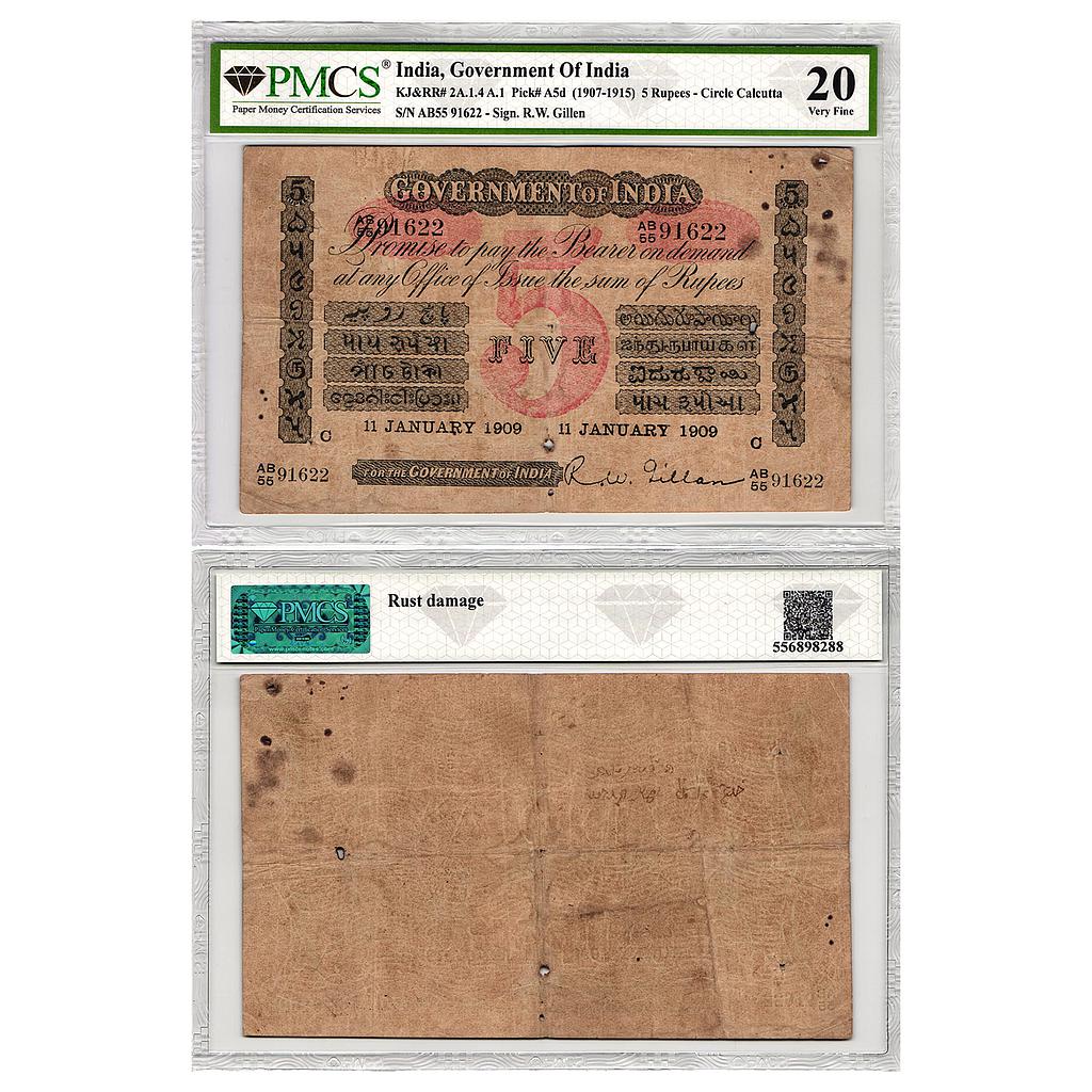 Government of India Uniface red underprint Calcutta circle dated 11 January 1909 signed by R. W. Gillen Serial no.: AB55 91622 5 Rupees