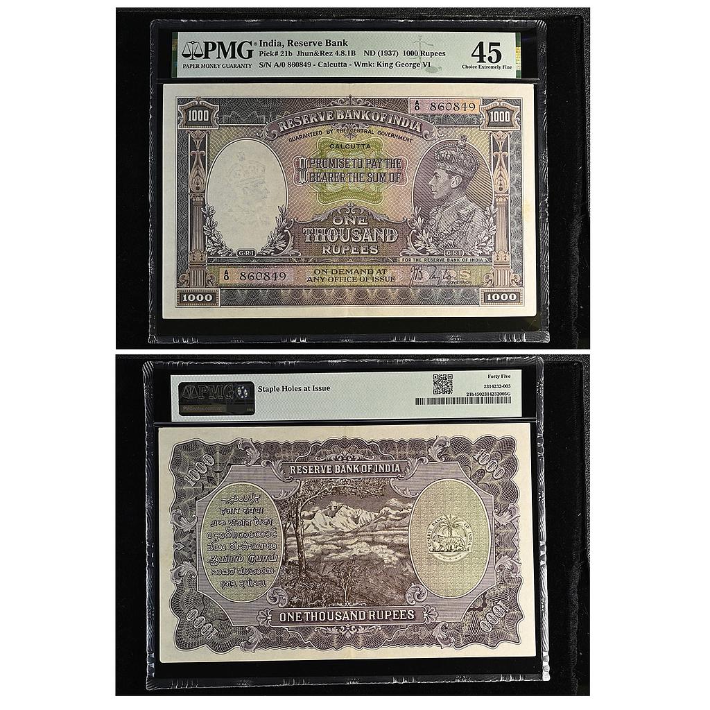 India Reserve Bank of India George VI 1938 ND Signed by J.B. Taylor S. No. A0 860849 Calcutta circle 1000 Rupees