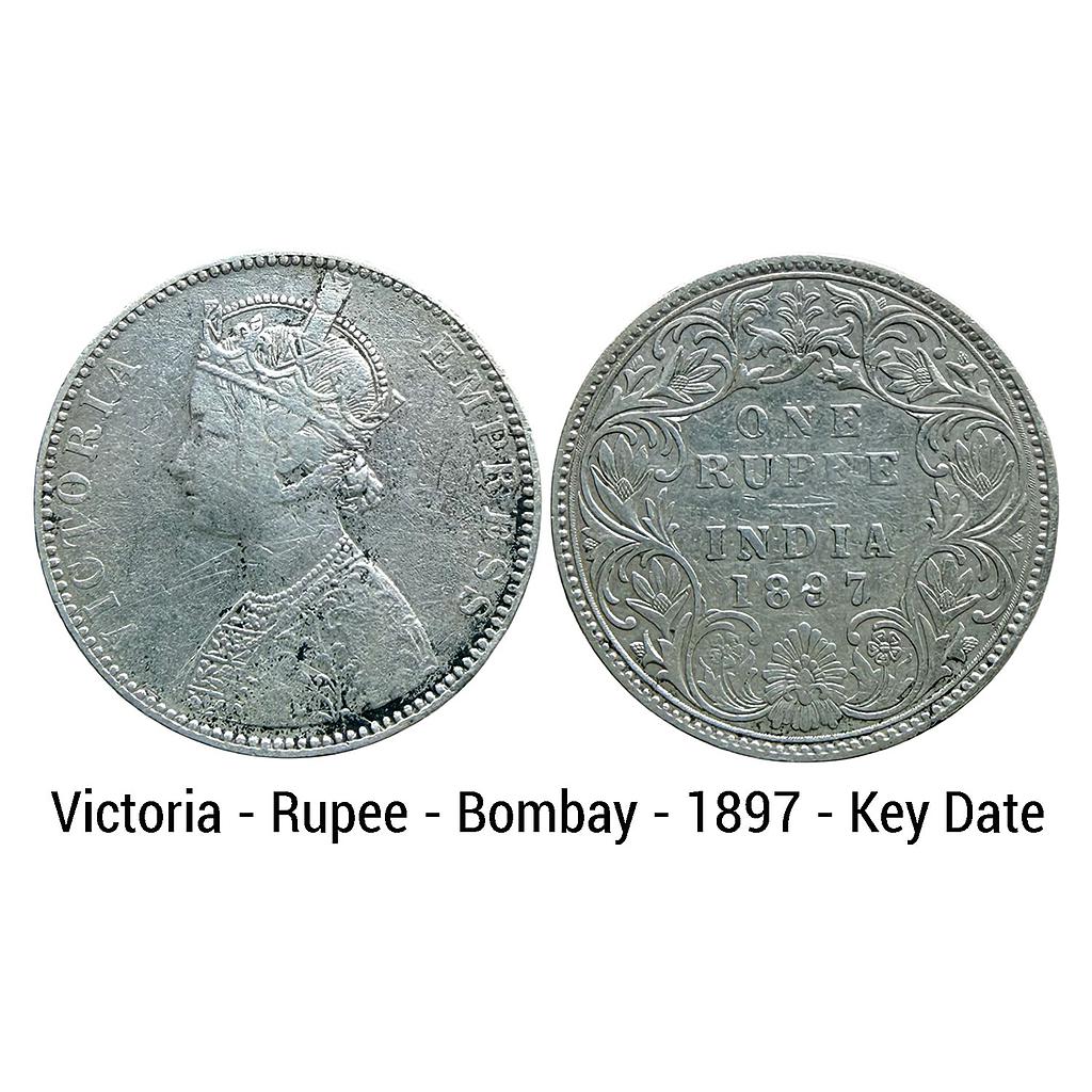 British India Victoria Empress 1897 AD Bombay Mint Bust C2 Rev I B incuse Silver Rupee