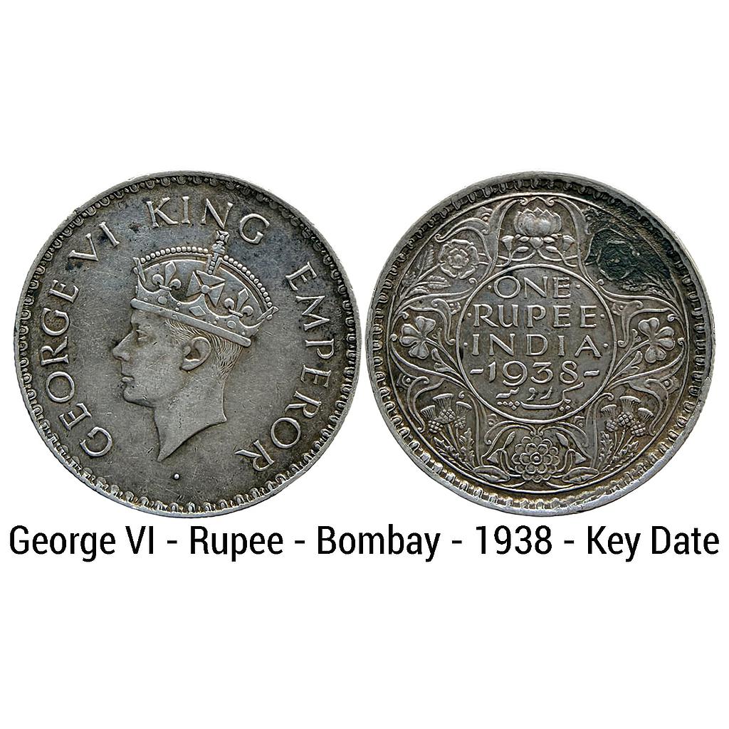 British India George VI 1938 AD Bombay Mint Obv A Rev I without Dot Silver Rupee
