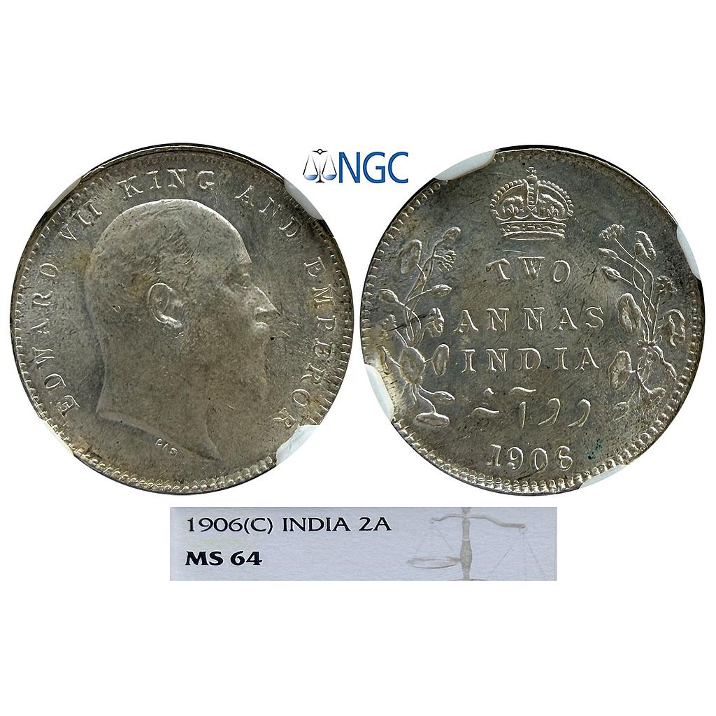 British India Edward VII 1906 AD Calcutta Mint No mint mark Silver 2 Annas