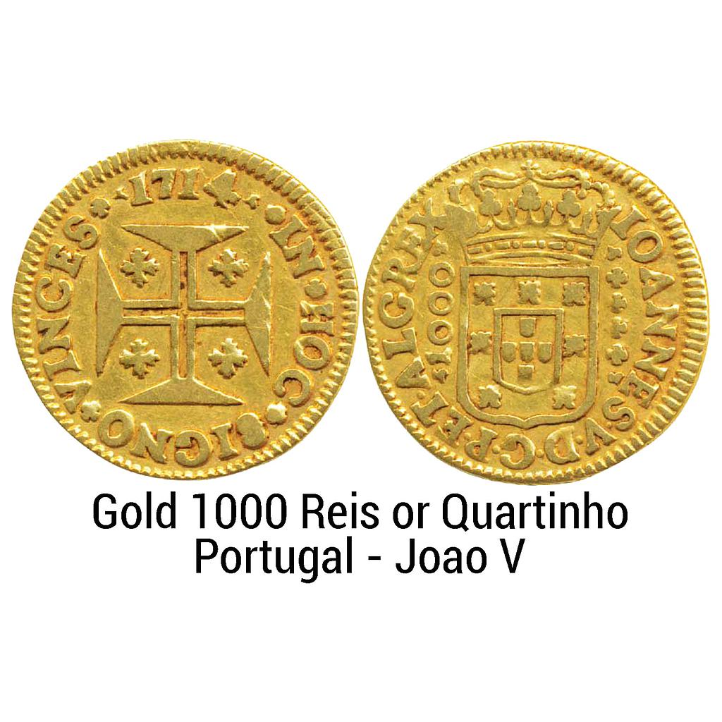 Portugal Joao V 1714 AD Gold 1000 Reis or Quartinho