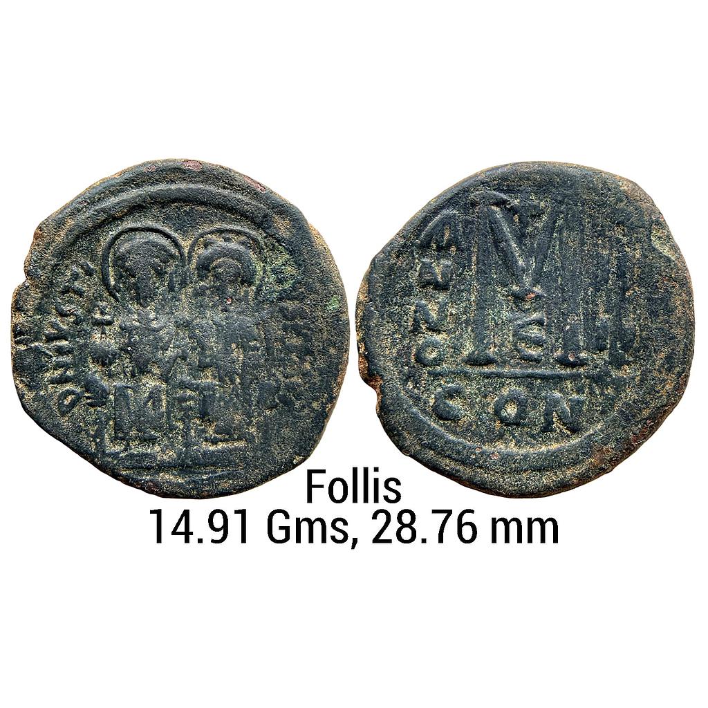 Byzantine Empire Justin II with Sophia Copper Follis