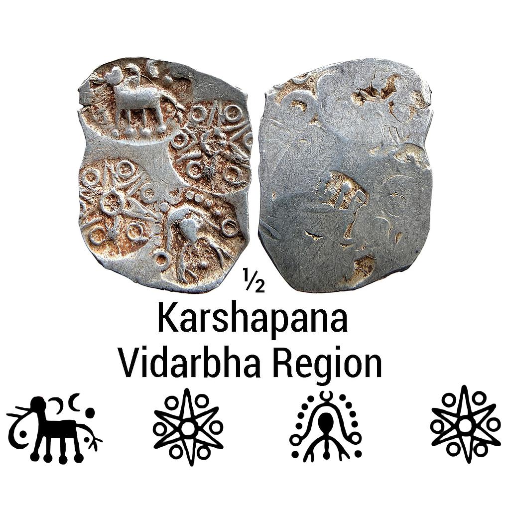 Ancient  Punch Marked Coinage Northern Vidarbha Melghat Region  Makhala Hoard type Silver 1/2 Karshapana
