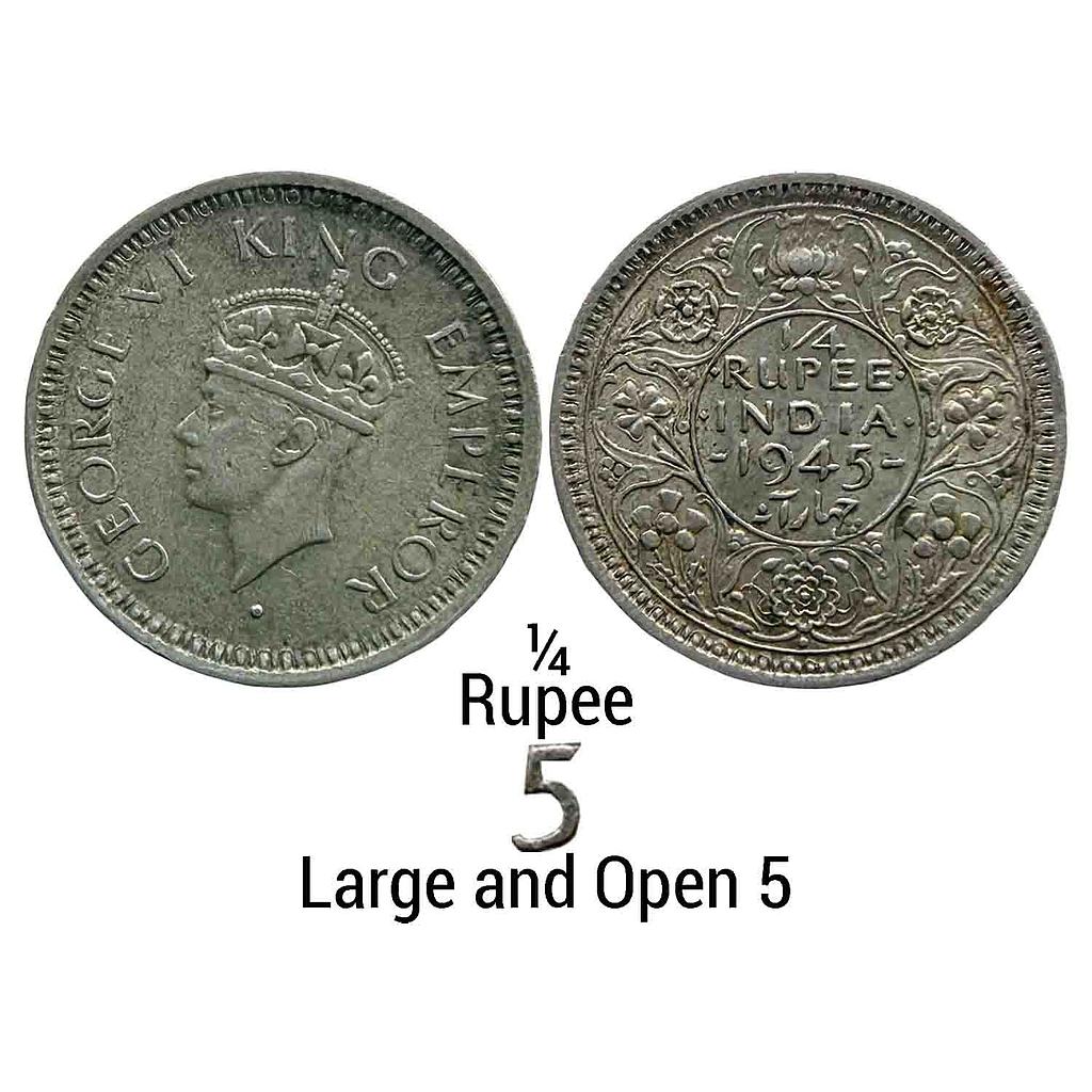 British India George VI Half 1945 AD Bombay Mint dot Large and Open 5 Silver 1/4 Rupee