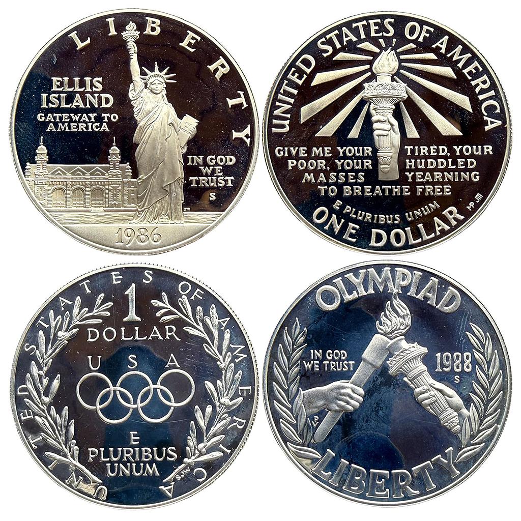 United States of America Set of 2 Dollar Commemorative Issue Statue of Liberty on Ellis Island Silver (.900) 1 Dollar 1988 Seoul Olympics Silver (.900) 1 Dollar