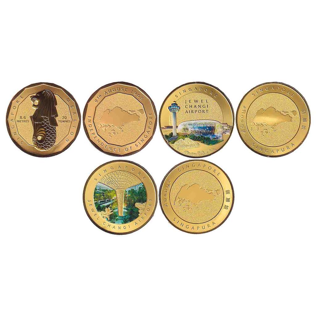 Singapore Set of 3 Independence de Saintgapour 1965 Jewel Changi Airport Brass Souvenir Medallions