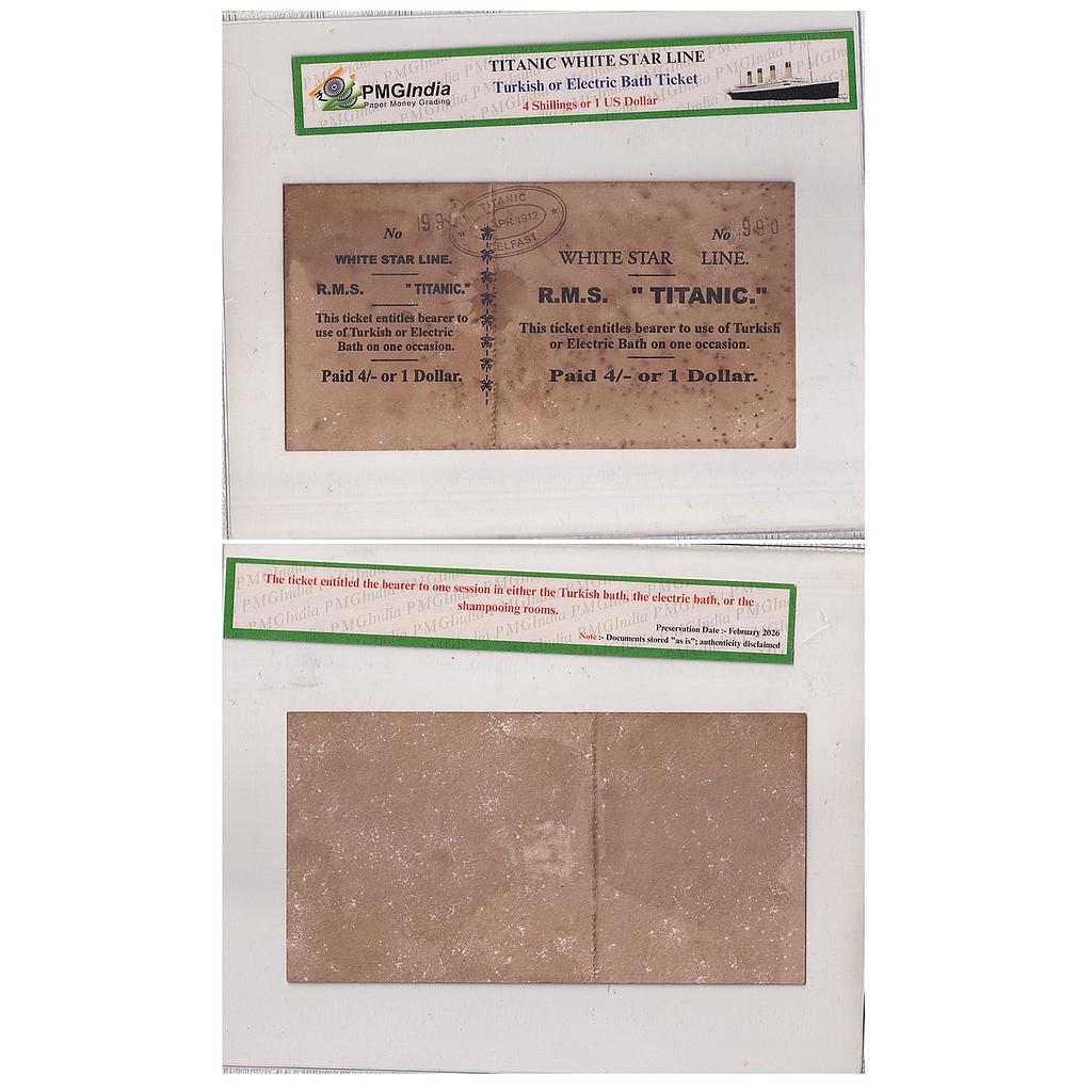 White Star Line R.M.S. Titanic Purported Turkish or Electric Bath Ticket 1912 AD 4 Shillings or 1 US Dollar