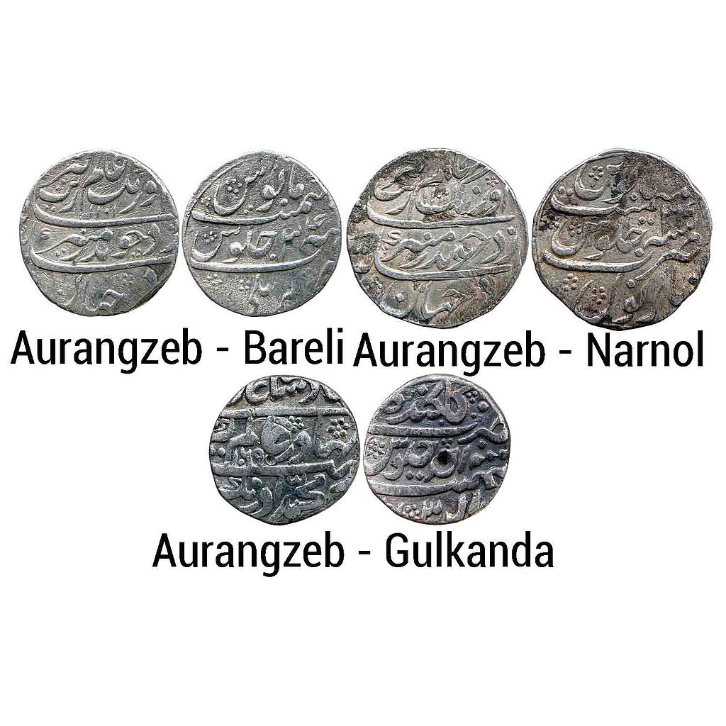 Mughal Aurangzeb Set of 3 Coins Bareli Mint Narnol Mint Gulkanda Mint  Silver Rupee