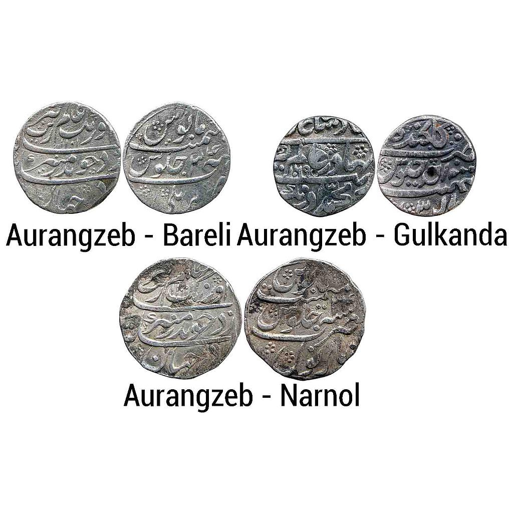 Mughal Aurangzeb Set of 3 Coins Bareli Mint Gulkanda Mint Narnol Mint Silver Rupee