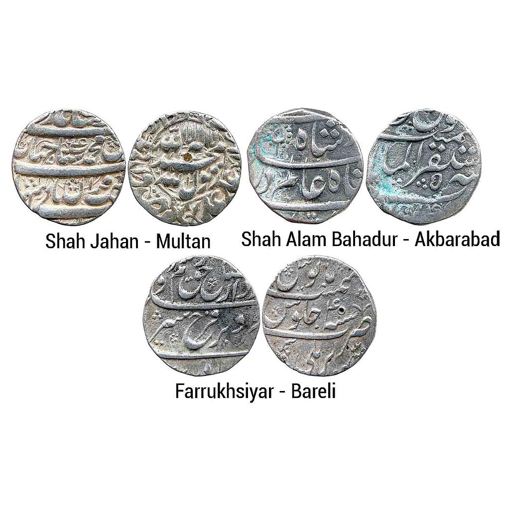 Mughal Set of 3 Coins Shah Jahan Multan Mint Shah Alam Bahadur Mustaqir-ul-Mulk Akbarabad Mint Farrukhsiyar Bareli Mint Silver Rupee