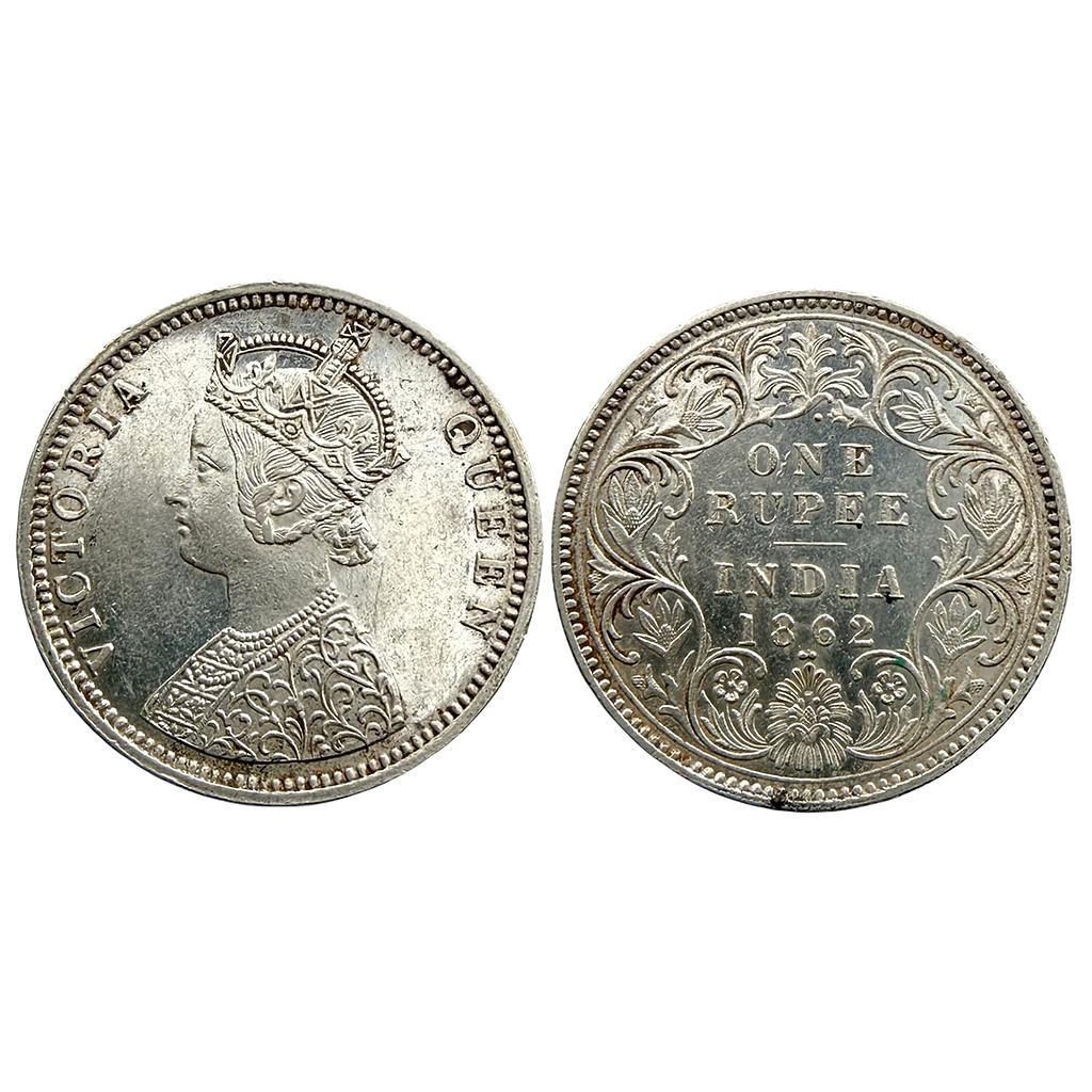 British India Victoria Queen 1862 AD Bombay Mint Obv C Rev I 1 / 2 dot Silver Rupee