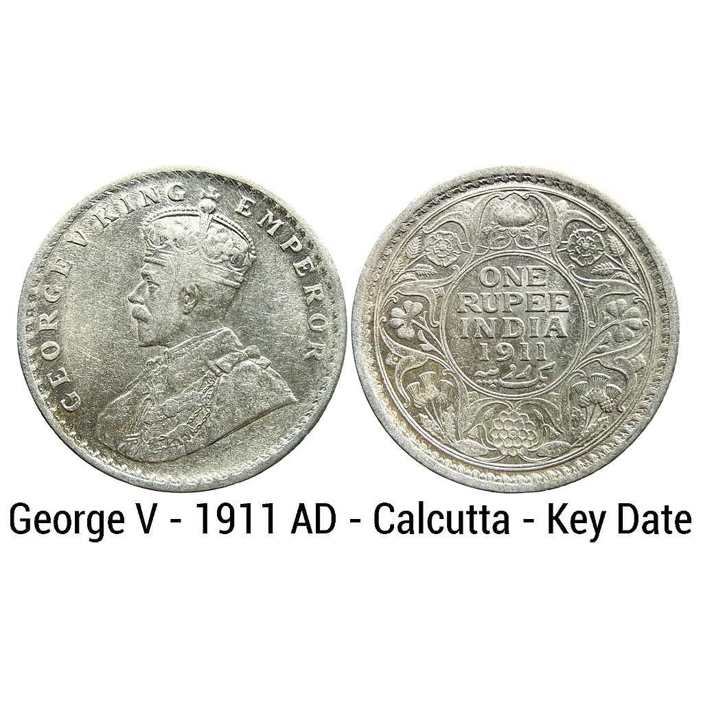 British India George V 1911 AD Calcutta Mint Silver Rupee