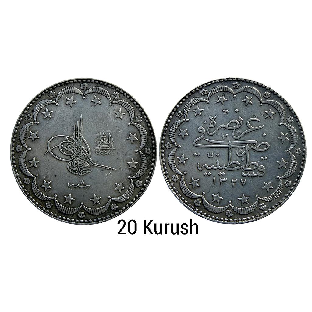Ottoman Empire Turkey Mehmed V Resad Qustantiniyah Constantinople Mint Silver (.830) 20 Kurush
