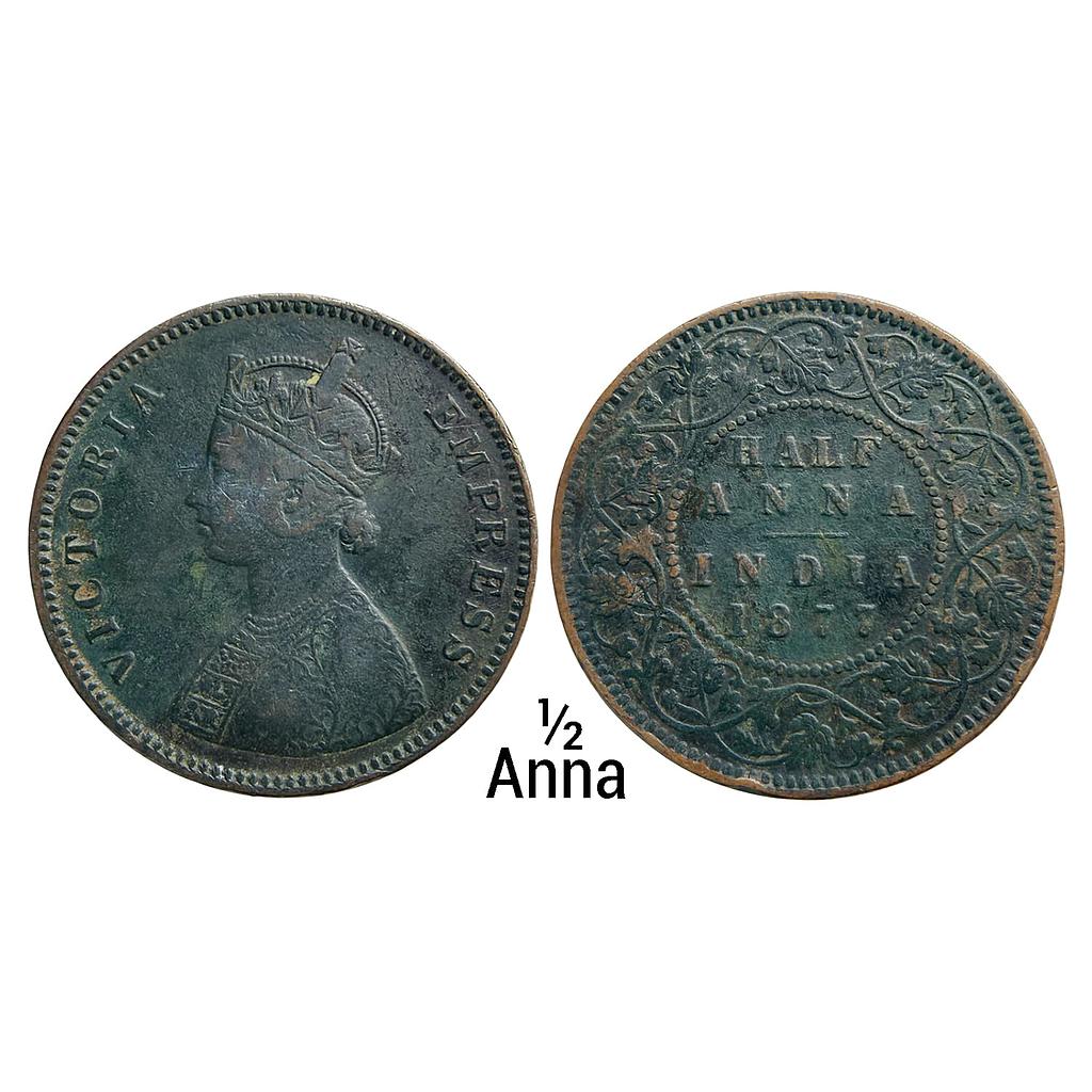 British India Victoria Empress 1877 AD Bombay Mint Bust B 4 panels to the jabot with tiny v in relief to right of bottom panel narrow 77 in date Copper 1/2 Anna