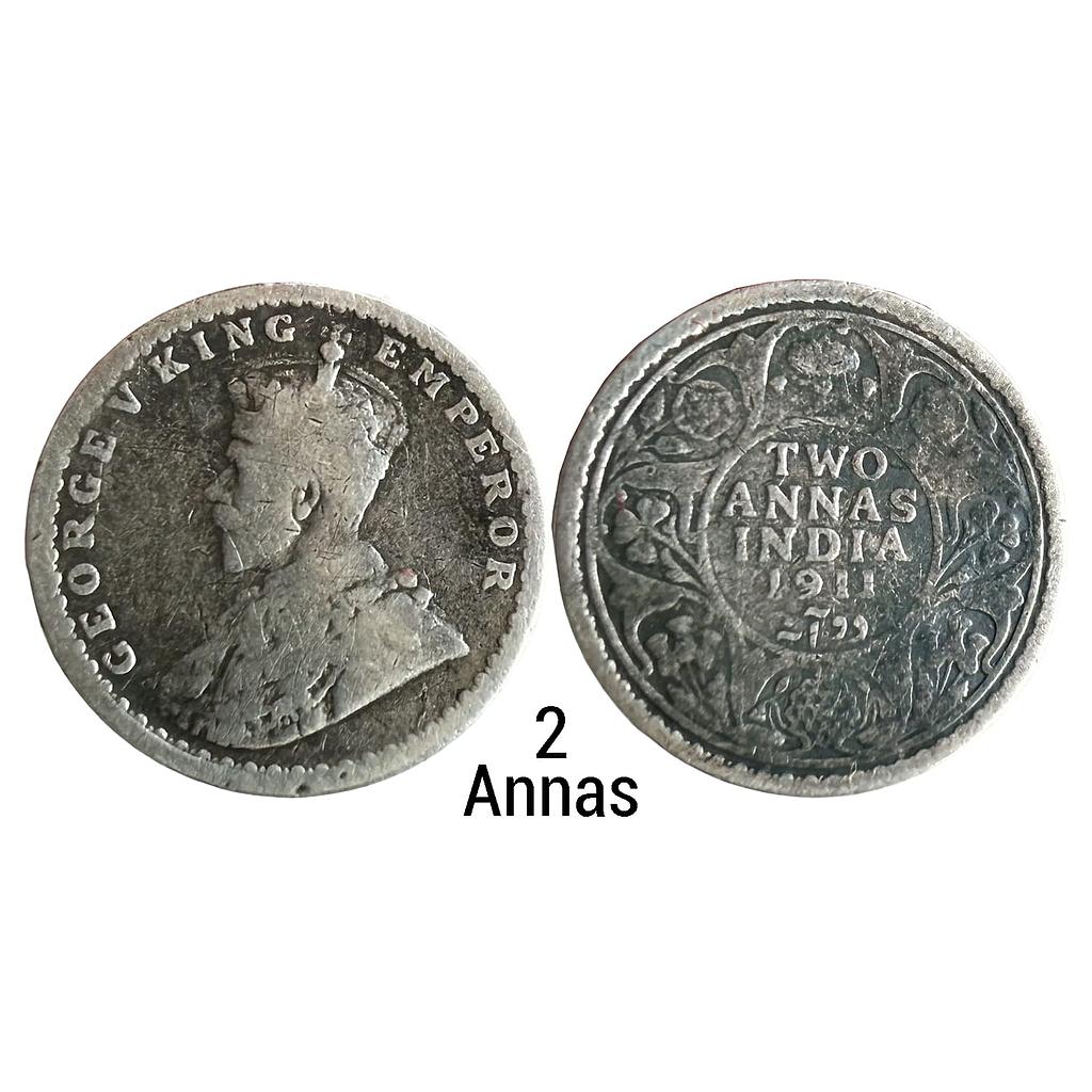 British India George V 1911 AD Calcutta Mint Silver 2 Annas