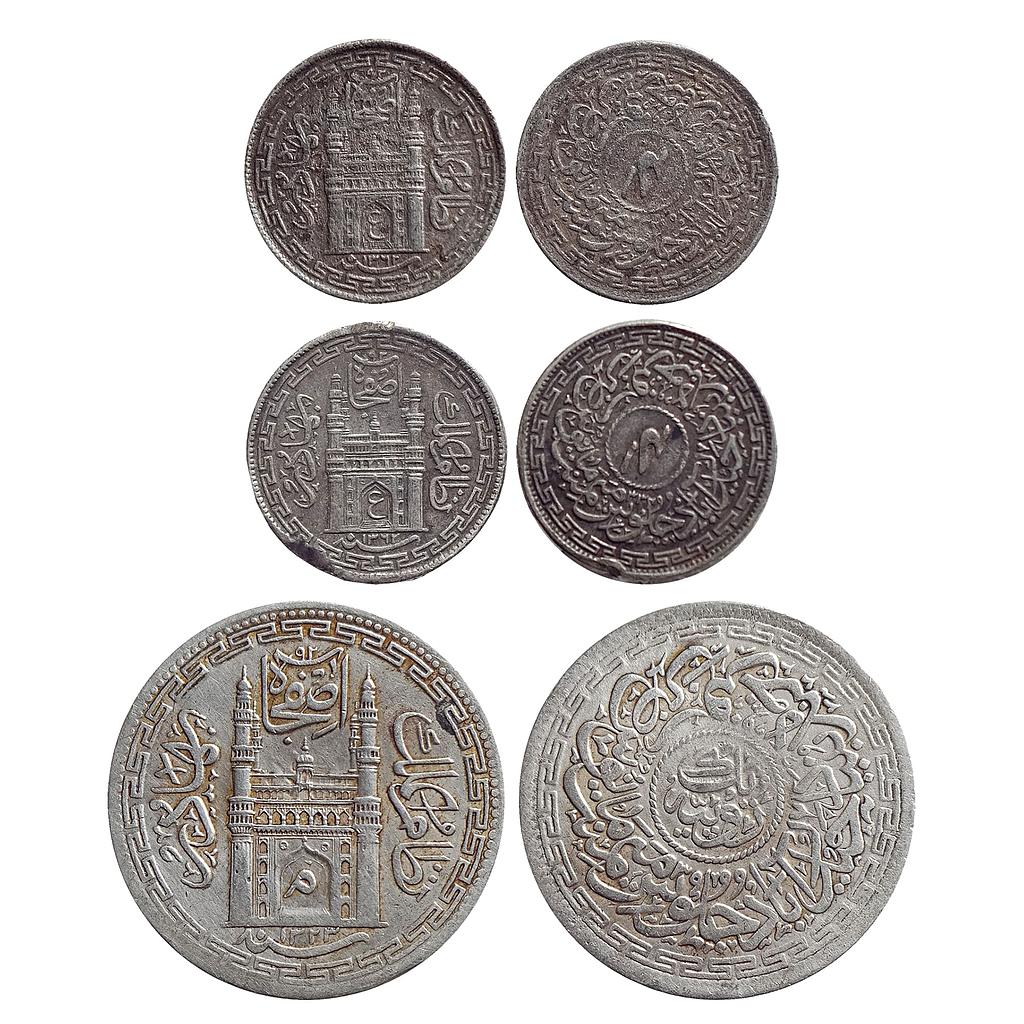 IPS, Hyderabad State, Mir Mahbub Ali Khan, Mir Usman Ali Khan, Set of 3 coins, Silver "Rupee &amp; 1/4 Rupee"