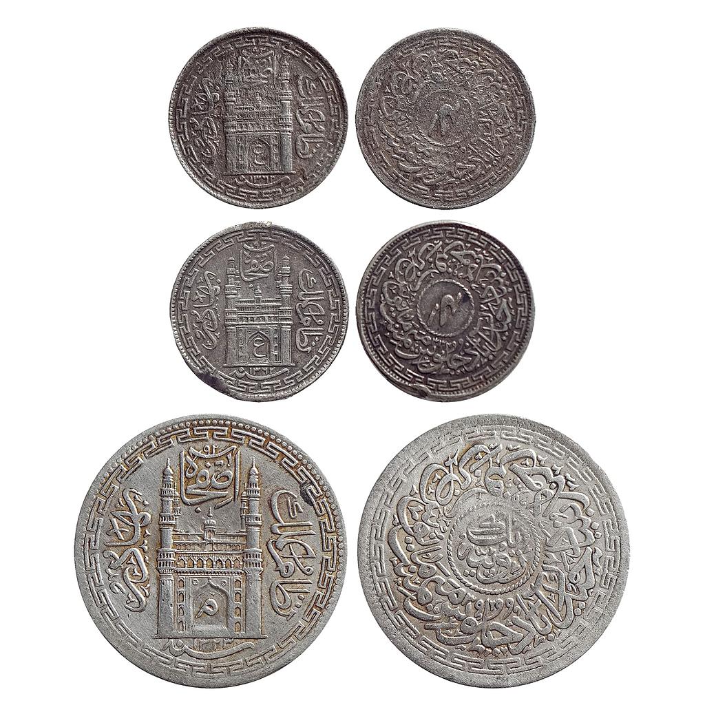 IPS, Hyderabad State, Mir Mahbub Ali Khan, Mir Usman Ali Khan, Set of 3 coins, Silver &quot;Rupee &amp; 1/4 Rupee&quot;