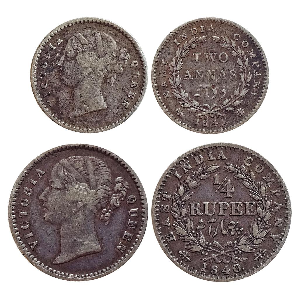 EIC, Victoria Queen, Mule Set of 2 coins, Silver &quot;1/4 Rupee&quot; &amp; &quot;2 Annas&quot;
