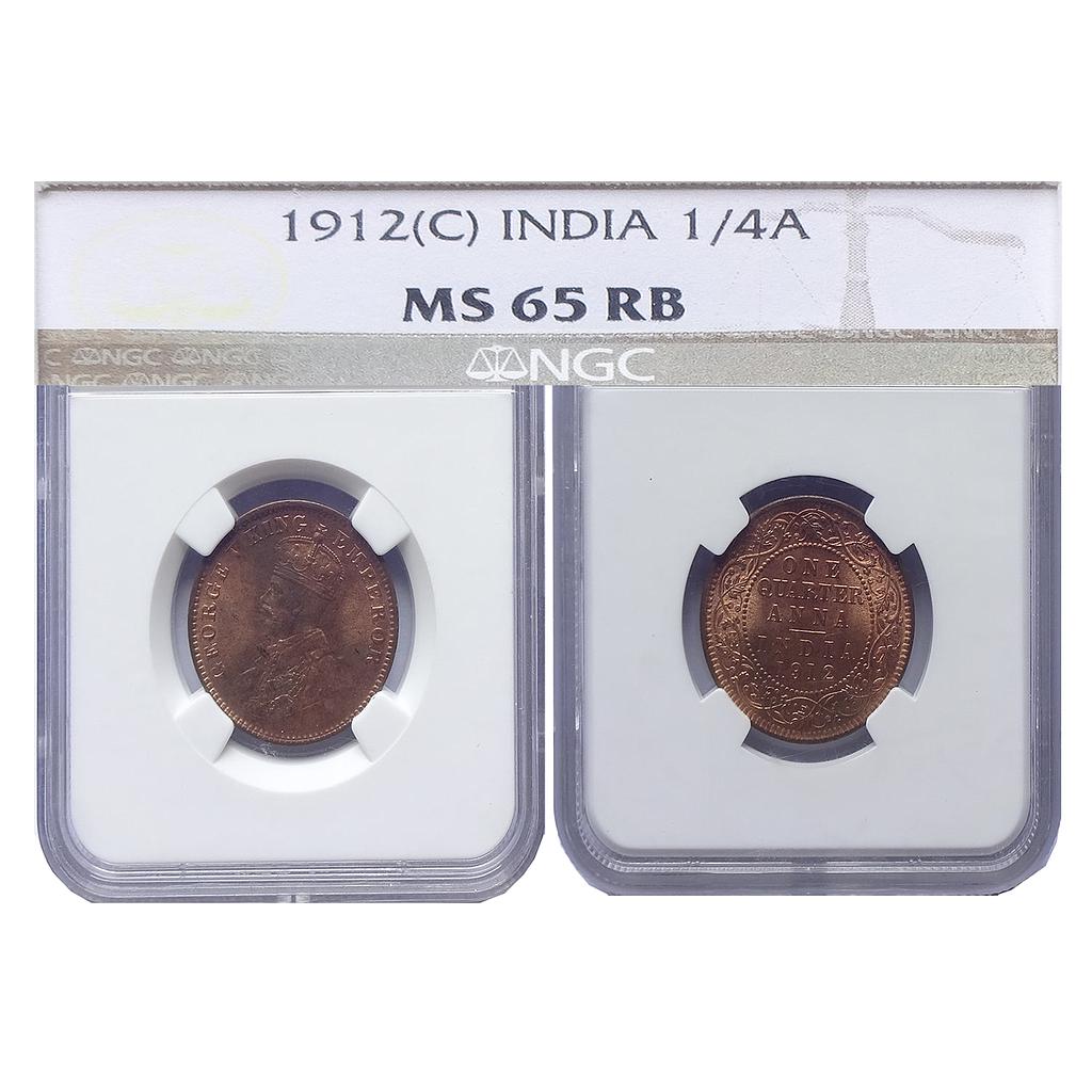 British India, George V, 1912 AD, Calcutta Mint, Copper 1/4 Anna