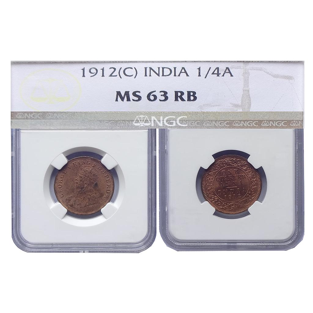 British India, George V, 1912 AD, Calcutta Mint, Copper 1/4 Anna