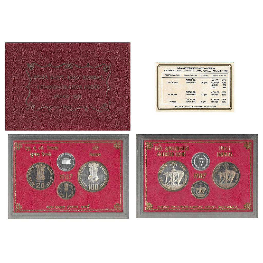 Republic India, 1987 Proof Set, Small Farmers, set of 3, Rupee 1, 20, 100