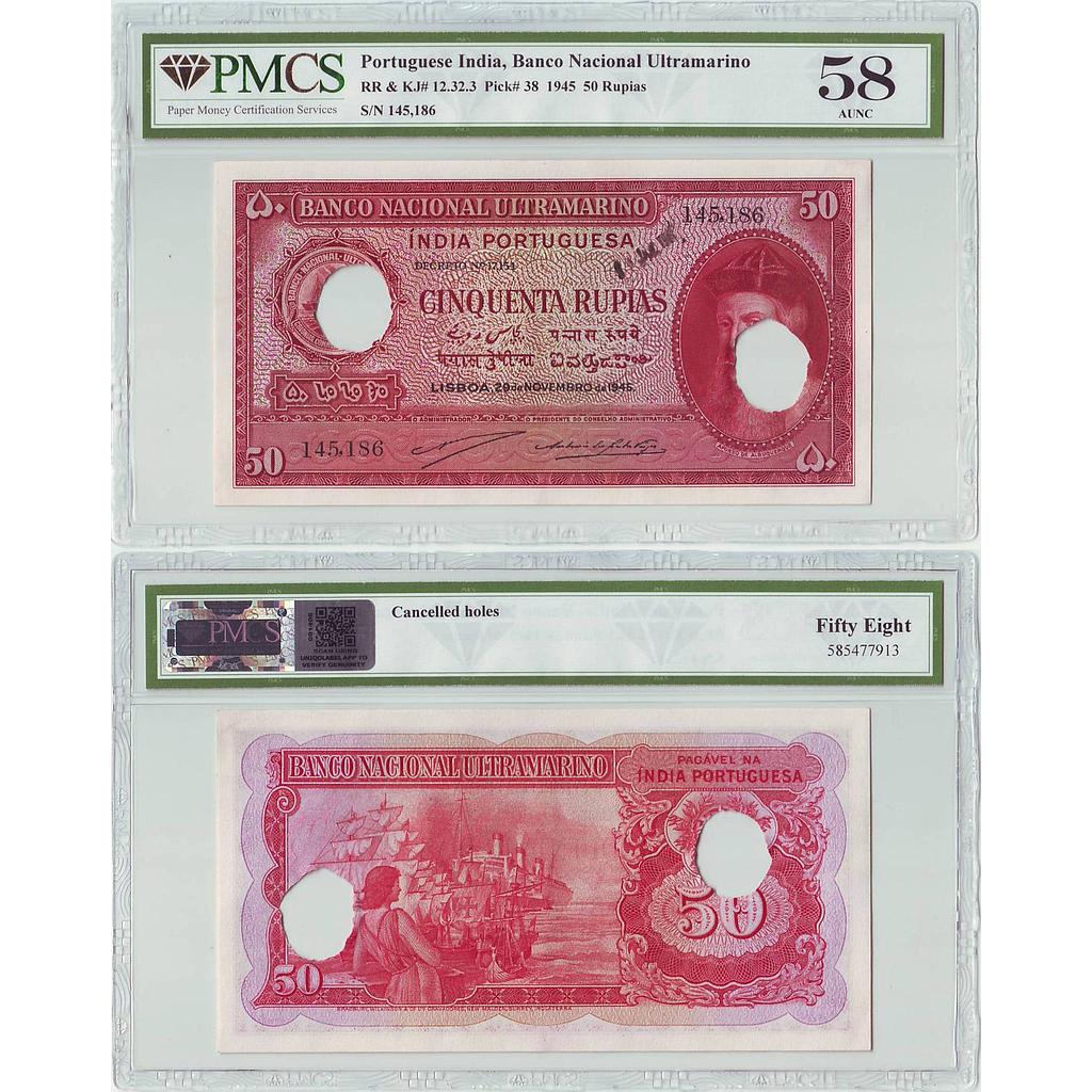 Portuguese India Territories, 50 Rupias, Antonio Dos Santos Viegas &amp; Artur Meneses Correia de Sa, 1945 AD, Serial # 145, 186