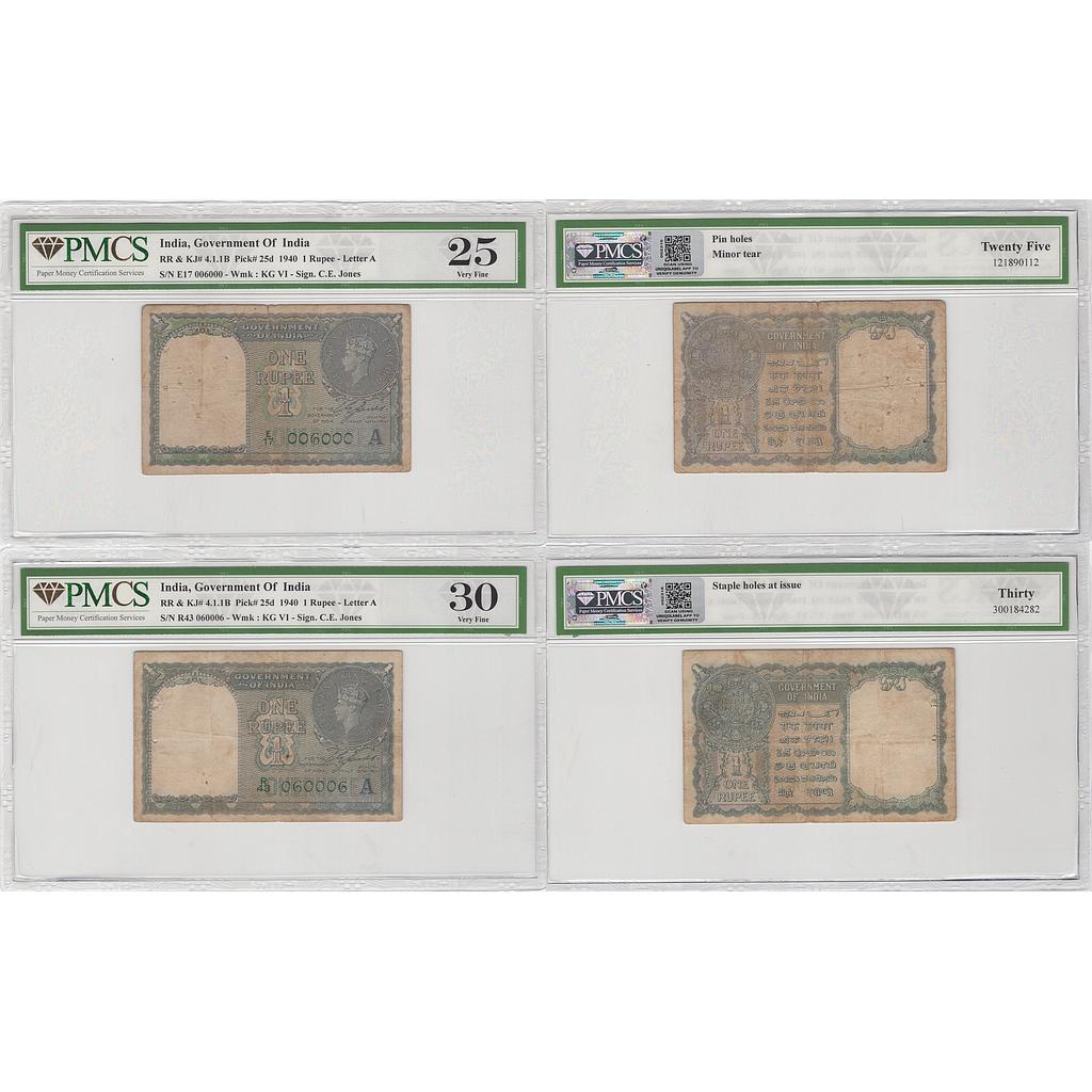 British India, King George VI, 1 Rupee, set of 2 notes, C. E. Jones, 1940 AD, Serial # E17 006000, Letter - A, &amp; R43 060006