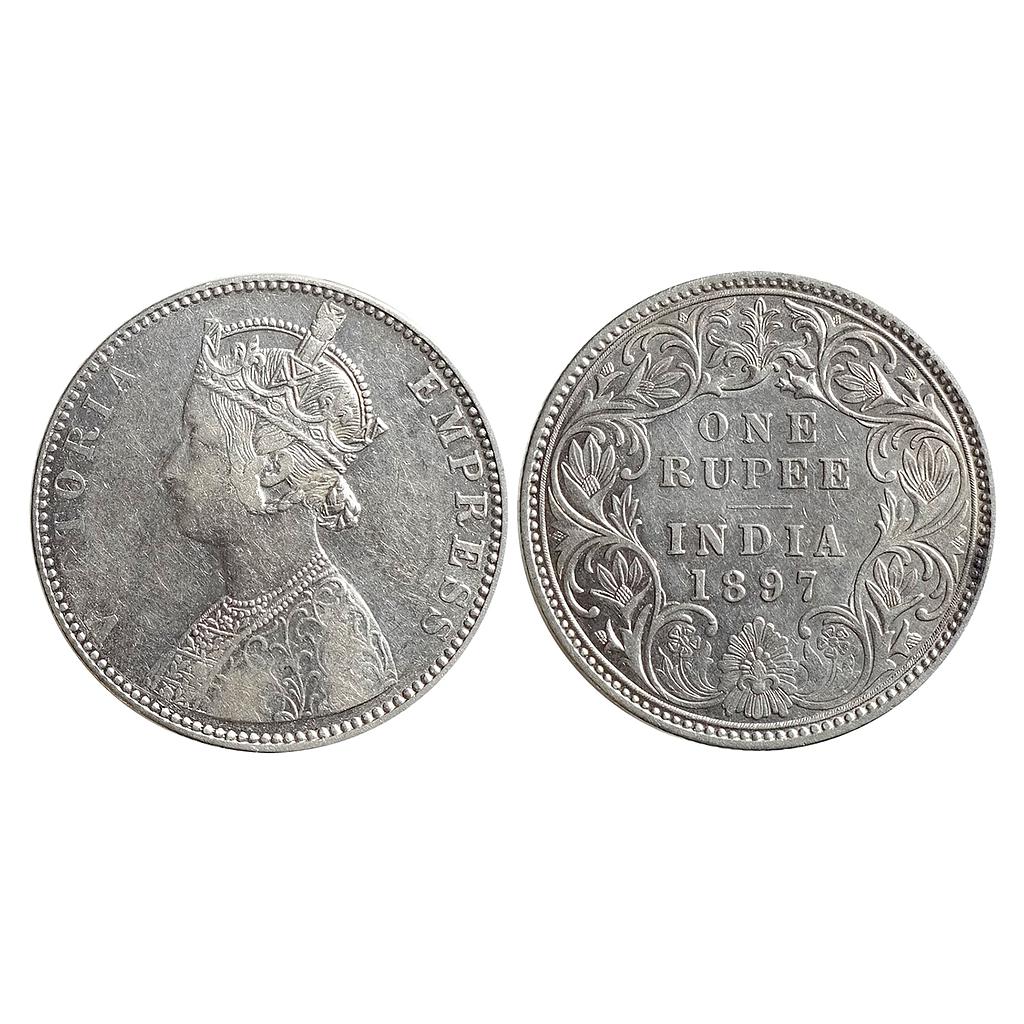 British India Victoria Empress 1897 AD Bust C2 Rev I B incuse Bombay Mint Silver Rupee