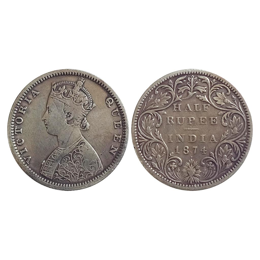 British India Victoria Queen 1874 AD Obv. B1 Rev. II with dot Bombay Mint Silver 1/2 Rupee