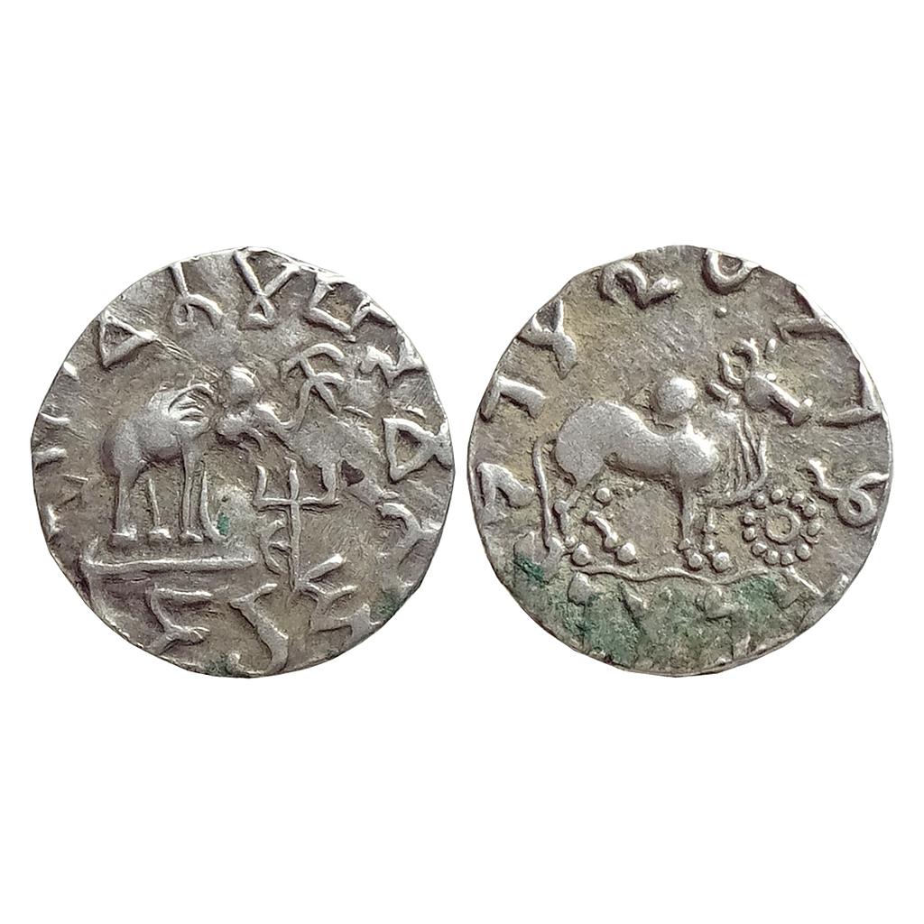 Ancient Punjab Mahadeva type elephant to right Silver Drachm