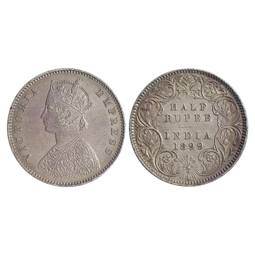 British India Victoria Empress 1899 AD Obv. A Rev. I C Incuse Calcutta Mint Silver 1/2 Rupee