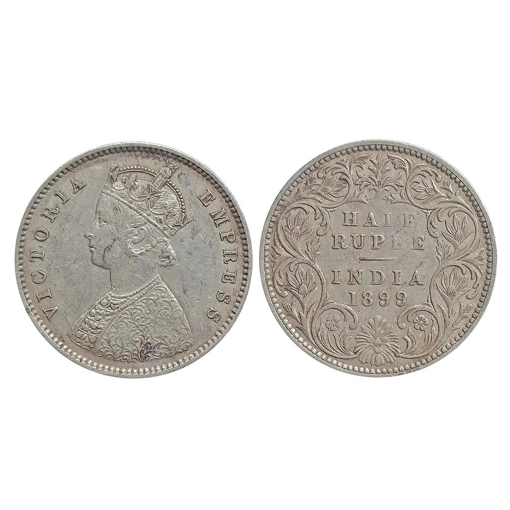 British India Victoria Empress 1899 AD Obv. A Rev. I B incuse Inverted B Bombay Mint Silver 1/2 Rupee