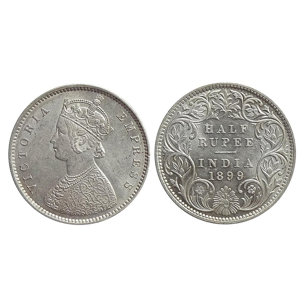 British India Victoria Empress 1899 AD Obv. A Rev. I B incuse Inverted B Bombay Mint Silver 1/2 Rupee