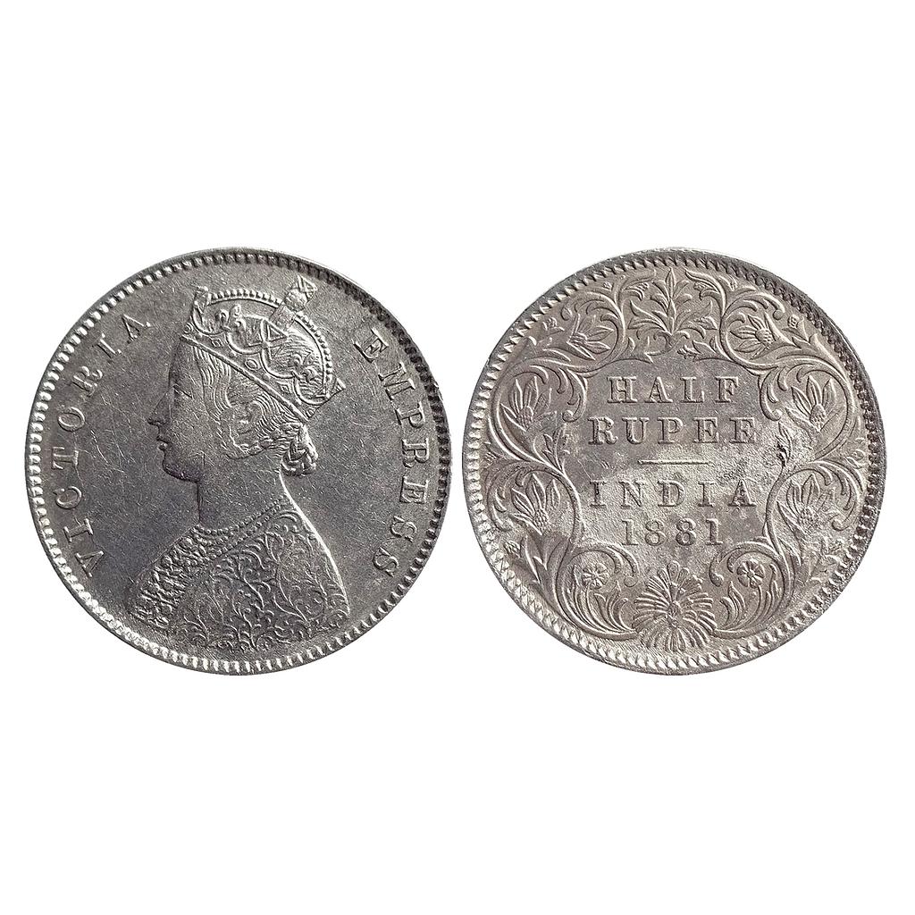 British India Victoria Empress 1881 AD Obv. A Rev. I C Incuse Calcutta Mint Silver 1/2 Rupee