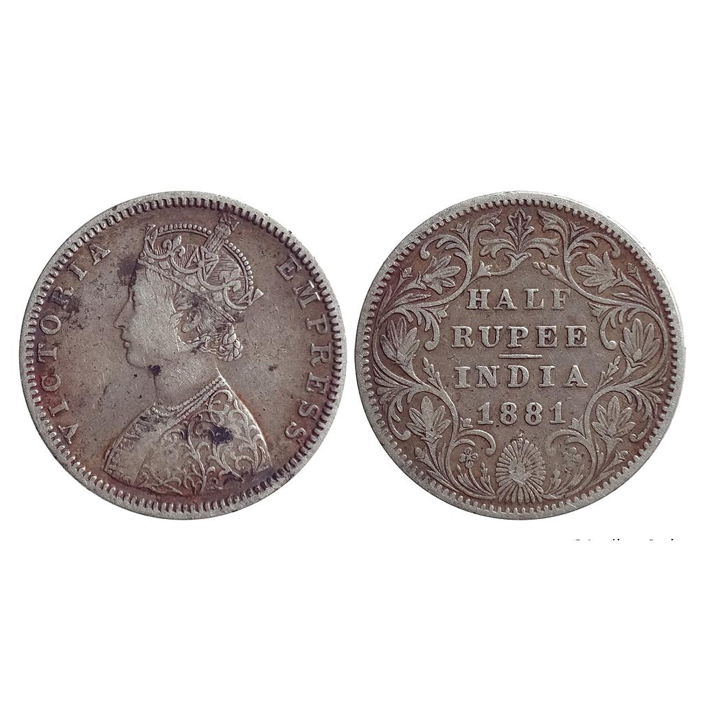 British India Victoria Empress 1881 AD Obv. B2 Rev. II with dot Bombay Mint Silver 1/2 Rupee