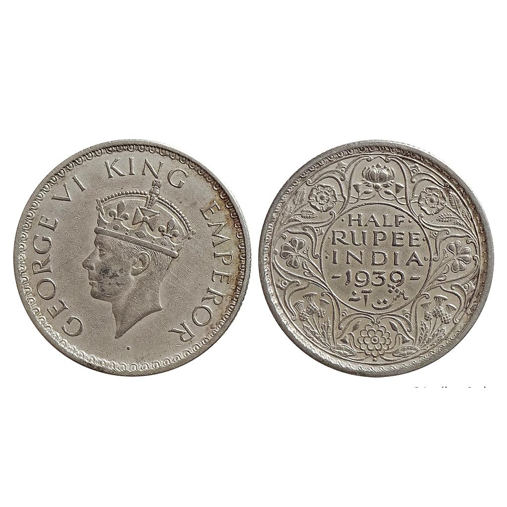 British India George VI 1939 AD Head type II Obv. A Rev I short terfoils Calcutta Mint Silver 1/2 Rupee